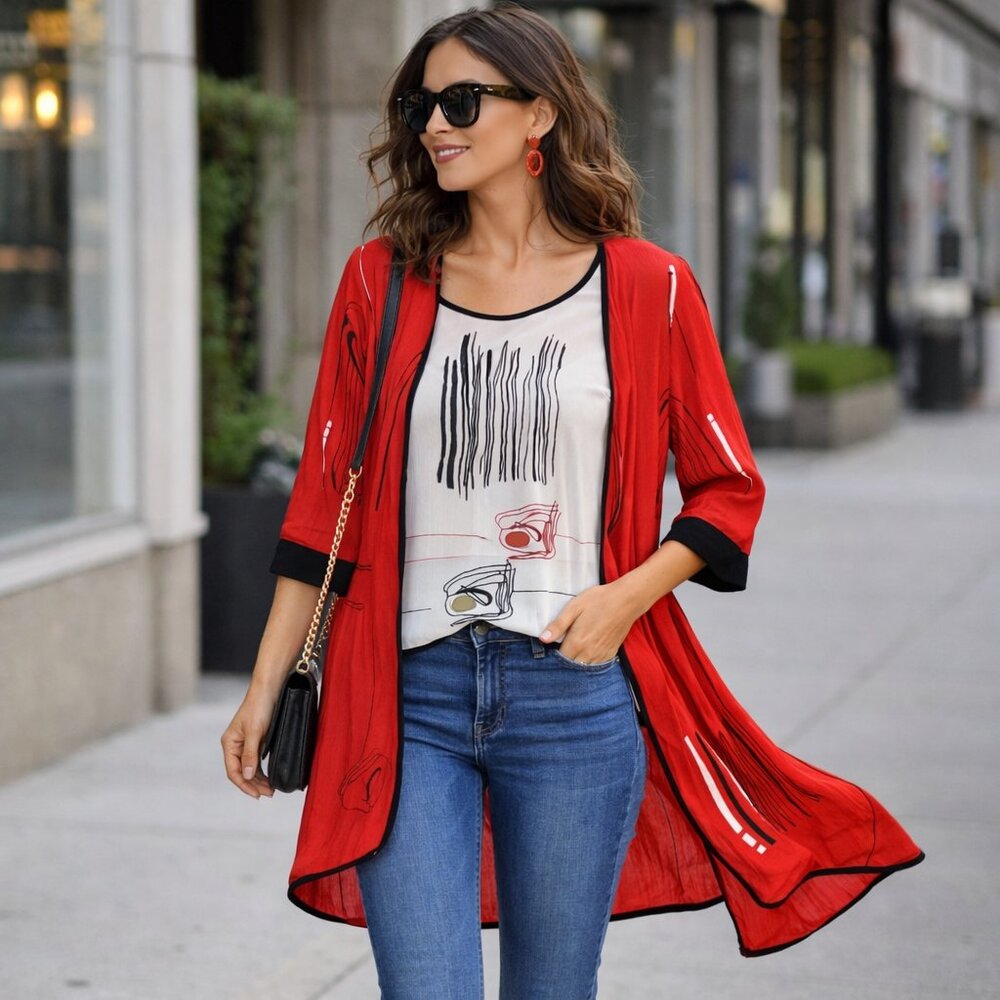 Statement 2-Piece Abstract Art Top + Flowing Jacket Set – Bold Red & Black | Lg